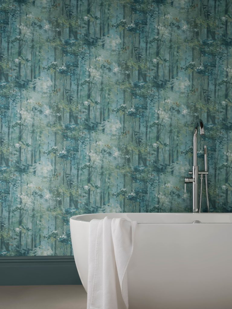 Bathroom with wallpaper from 1838 Wallcoverings colour trend seafoam